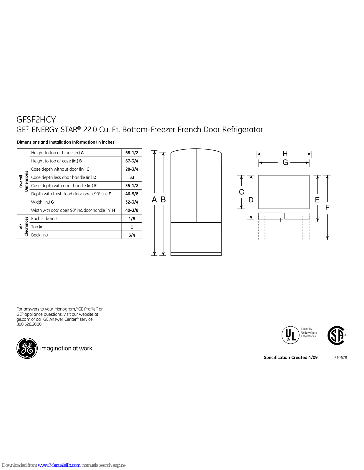 GE GFSF2HCYWW, GFSF2HCYBB Dimensions And Installation Information