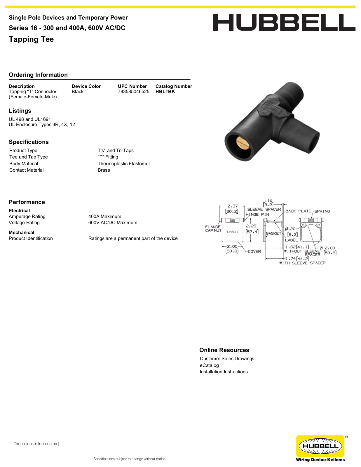 Hubbell HBLTBK Specifications