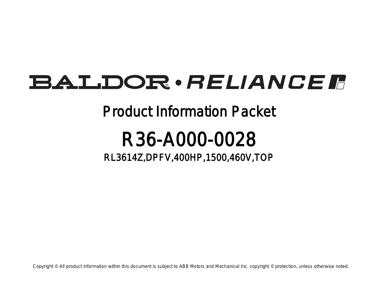 Baldor R36-A000-0028 Product Information Sheet