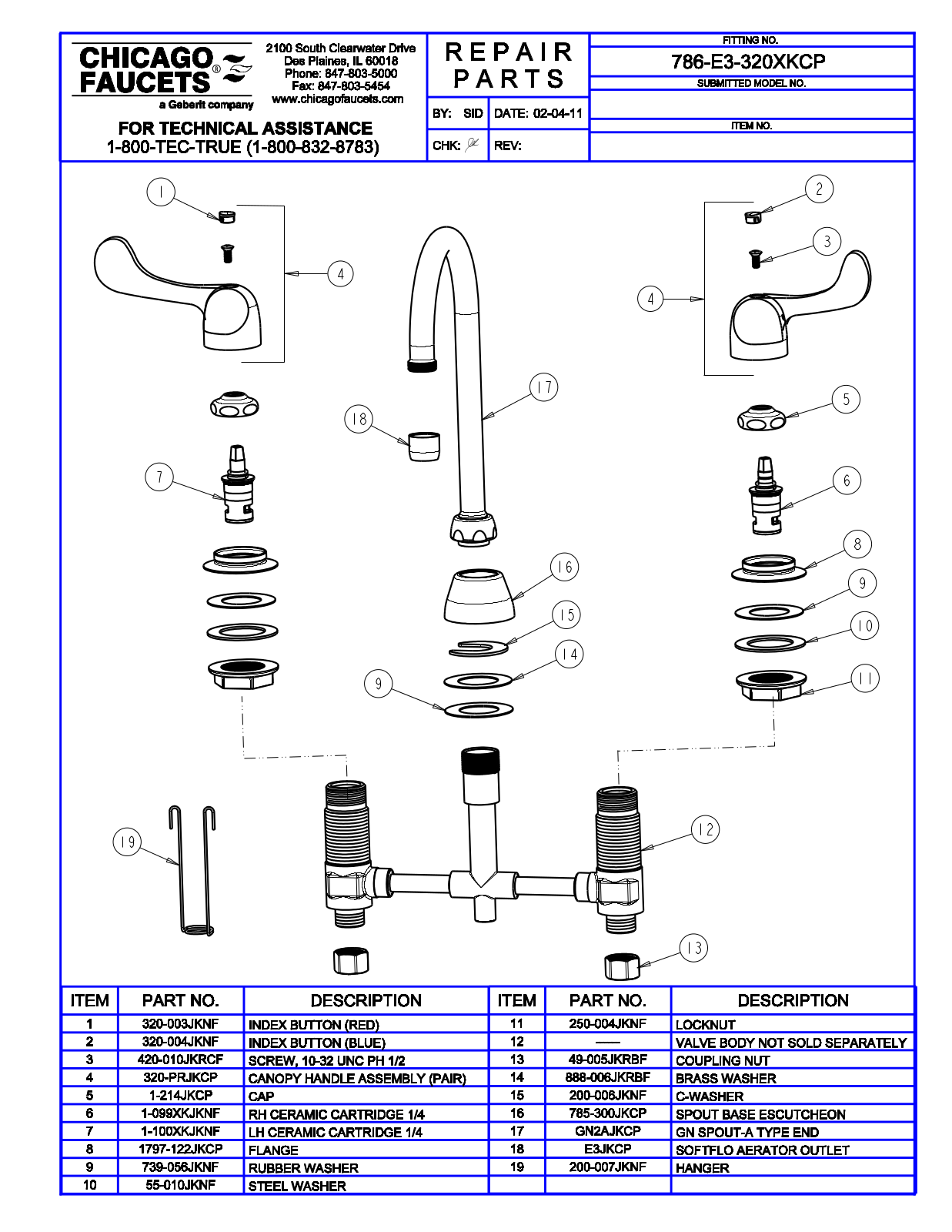 Chicago Faucet 786-E3-320XK Parts List