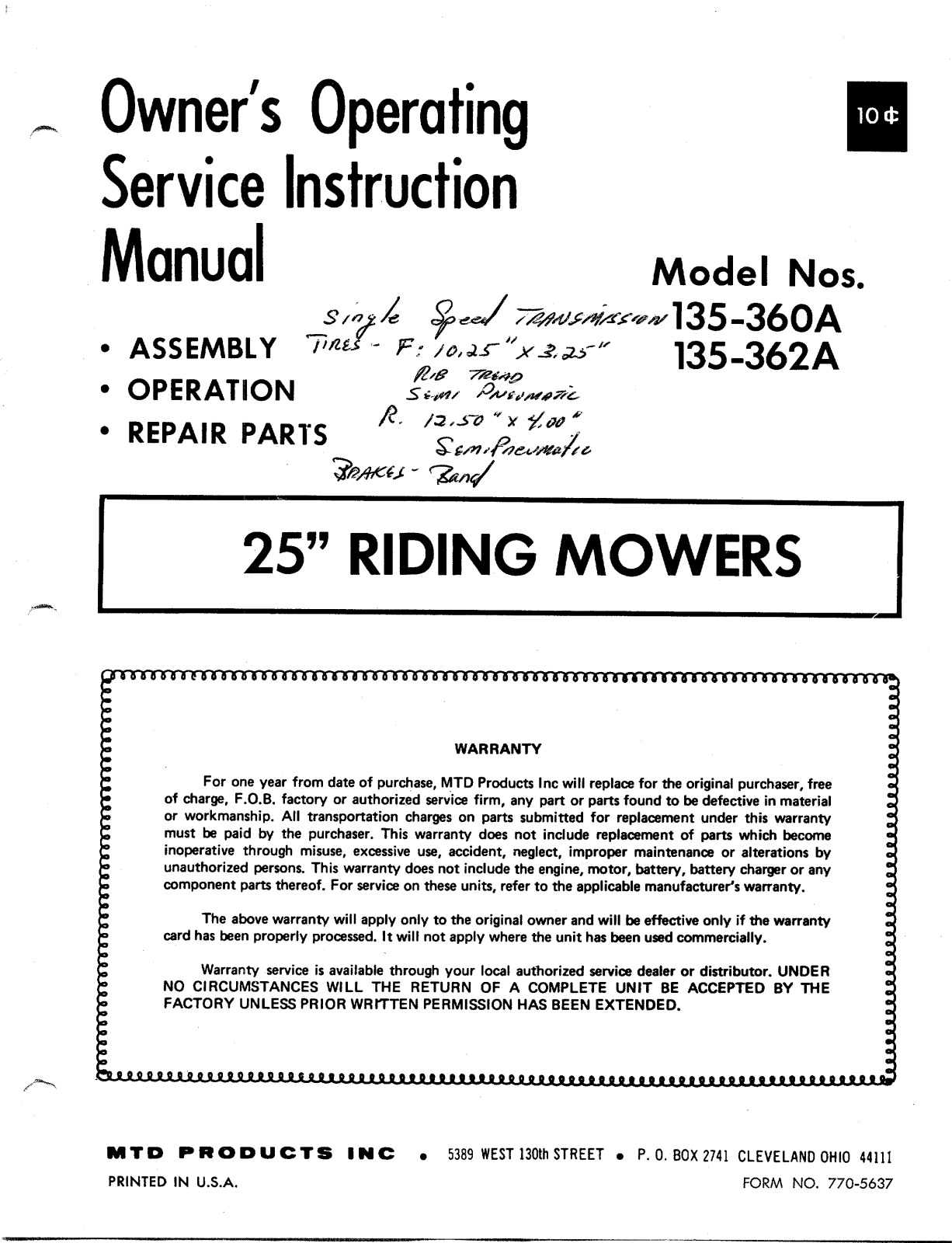 MTD 135-362A, 135-360A User Manual