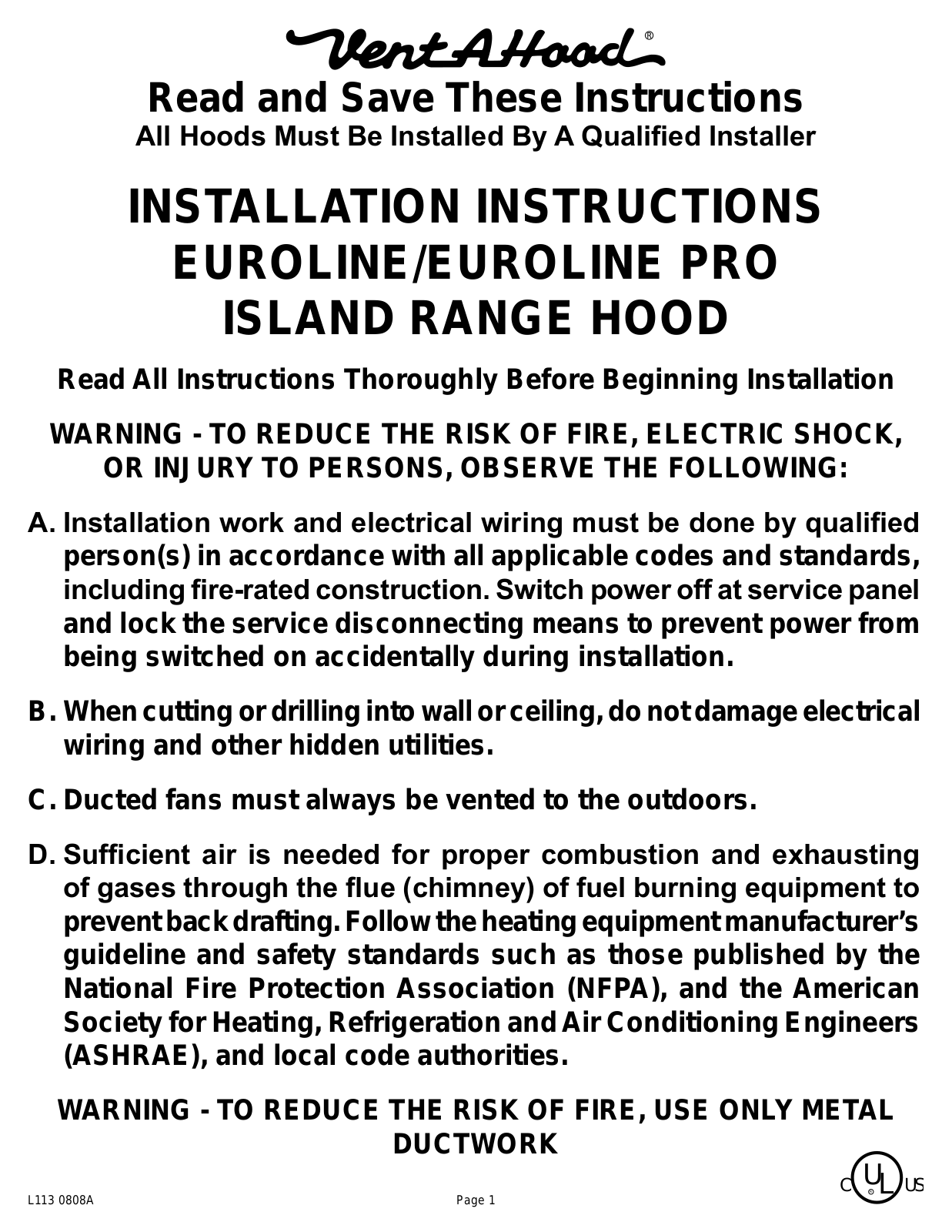 Vent-a-Hood EUROLINE, EUROLINE PRO Installation Instructions Manual