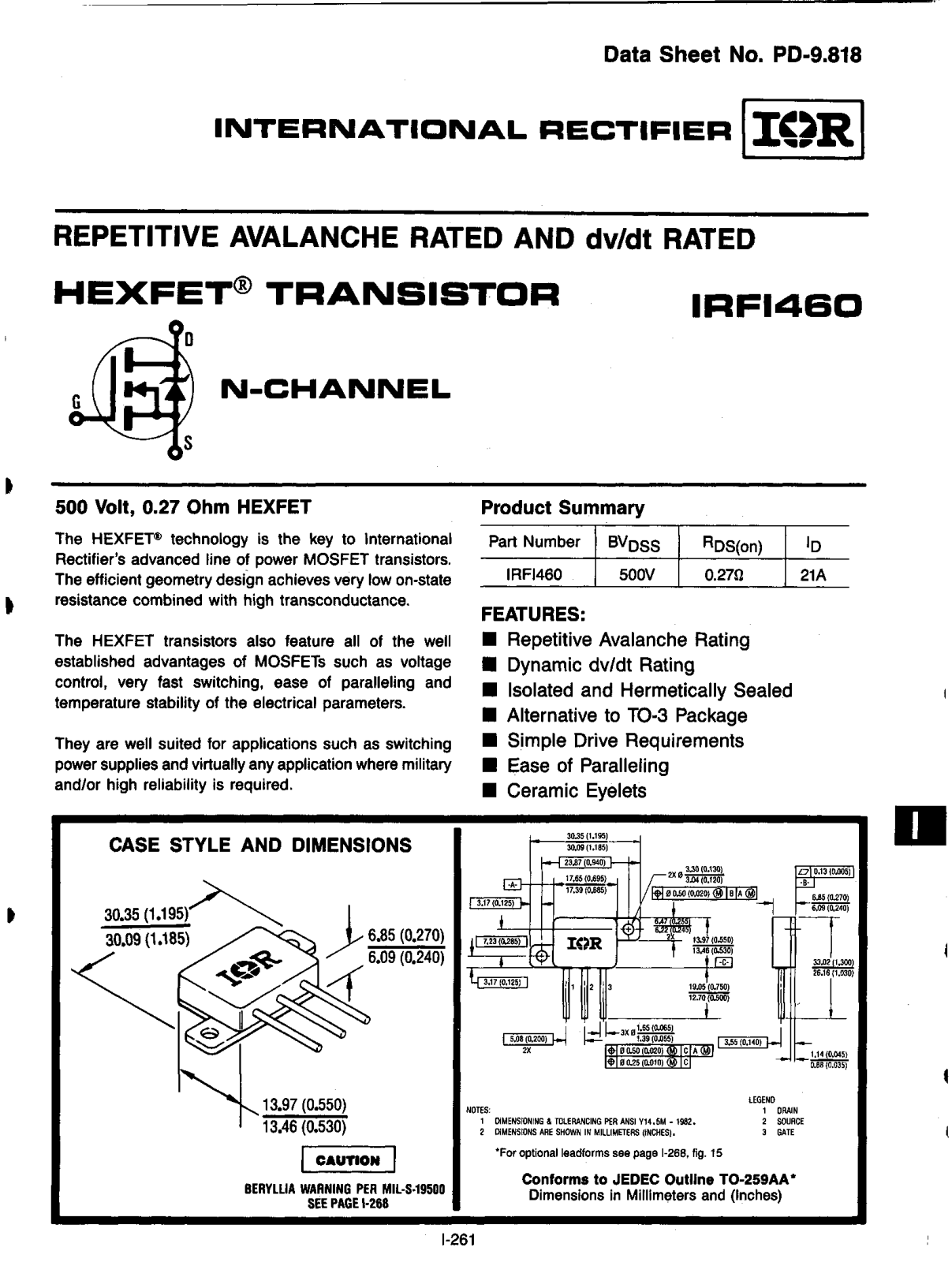 International Rectifier IRFI460 Datasheet