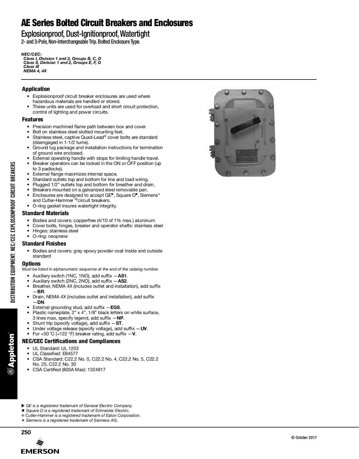 Appleton AE Series Bolted Circuit Breakers and Enclosures Catalog Page