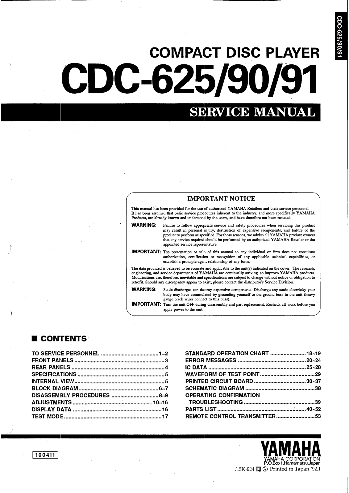 Yamaha CDC-625, CDC-90, CDC-91 Service manual