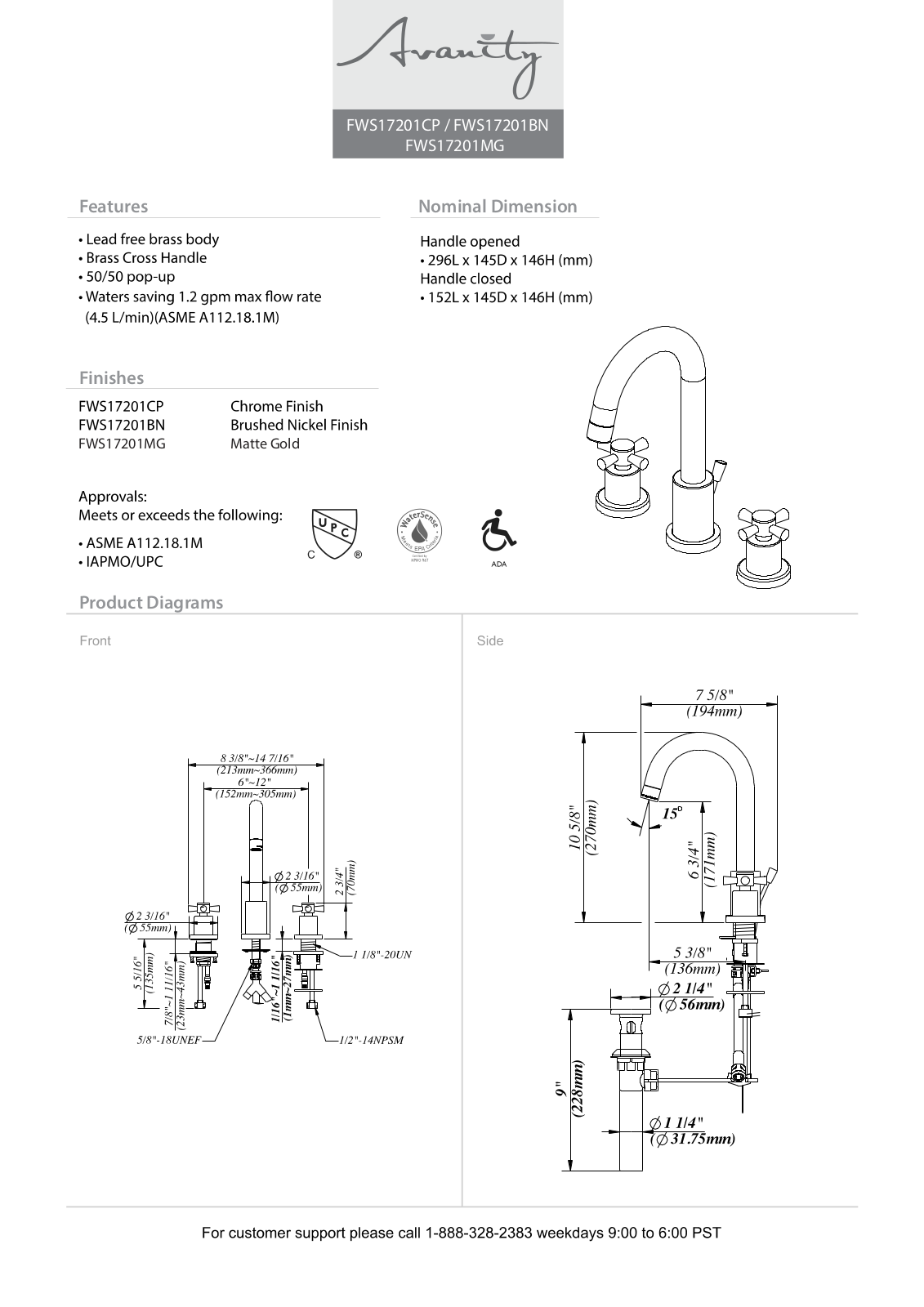 Avanity FWS17201CP, FWS17201BN, FWS17201MG Specifications