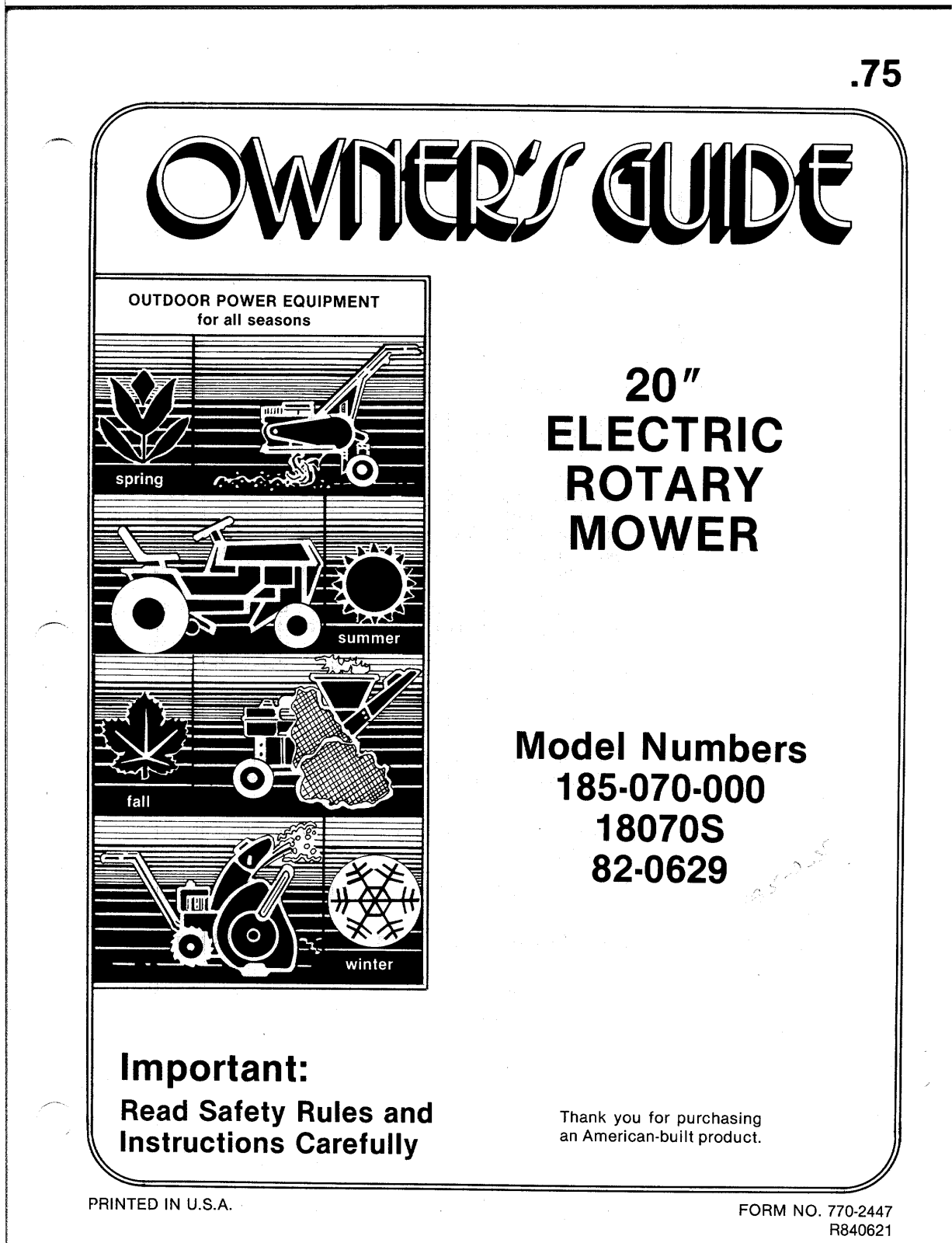 Bolens 18070S, 185-070-000 User Manual