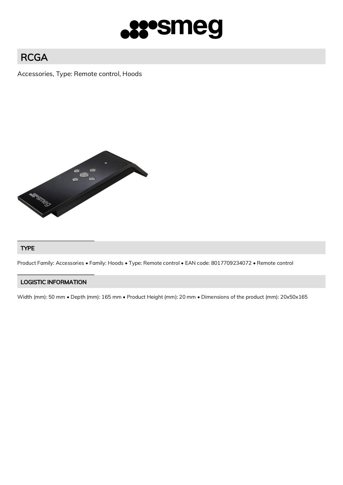 Smeg RCGA Technical sheet