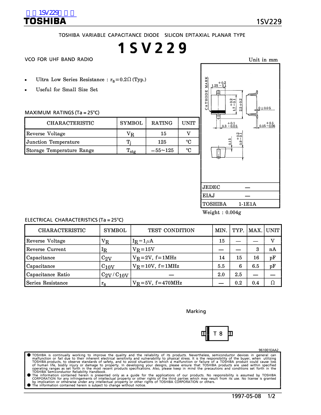 TOSHIBA 1SV229 Technical data