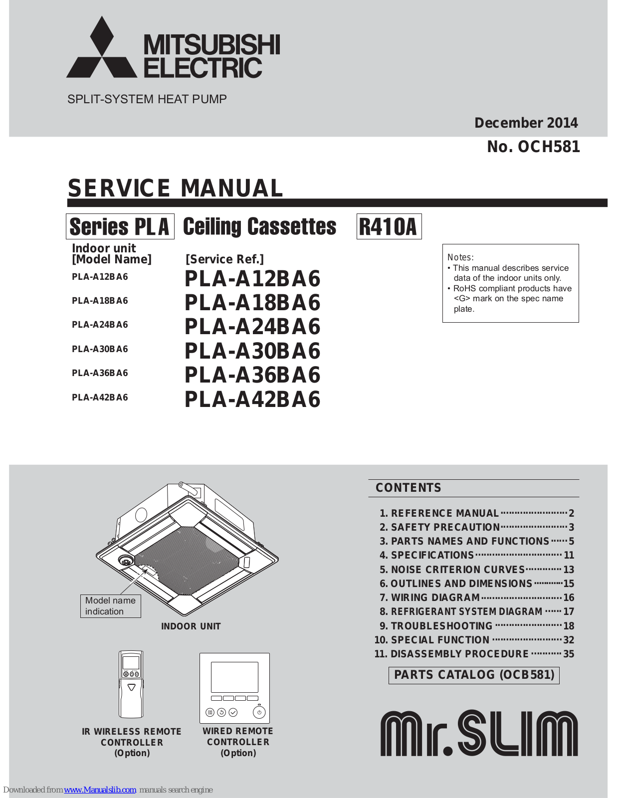 Mitsubishi PLA-A18BA6, PLA-A12BA6, PLA-A24BA6, PLA-A30BA6, PLA-A36BA6 Service Manual