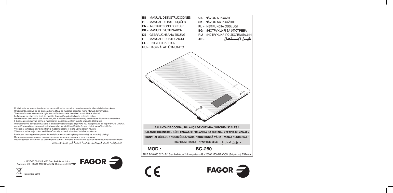 Fagor BC-250 User Manual