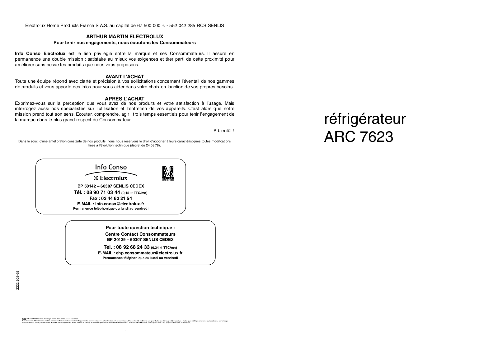 ARTHUR MARTIN ARC 7623 User Manual