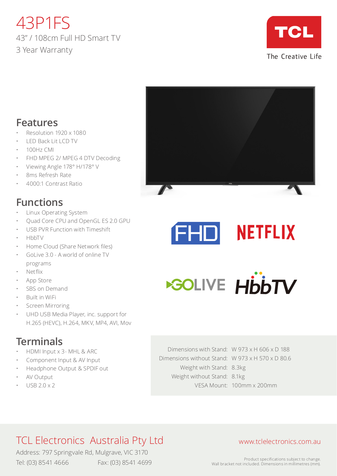 TCL 43P1FS Specifications Sheet