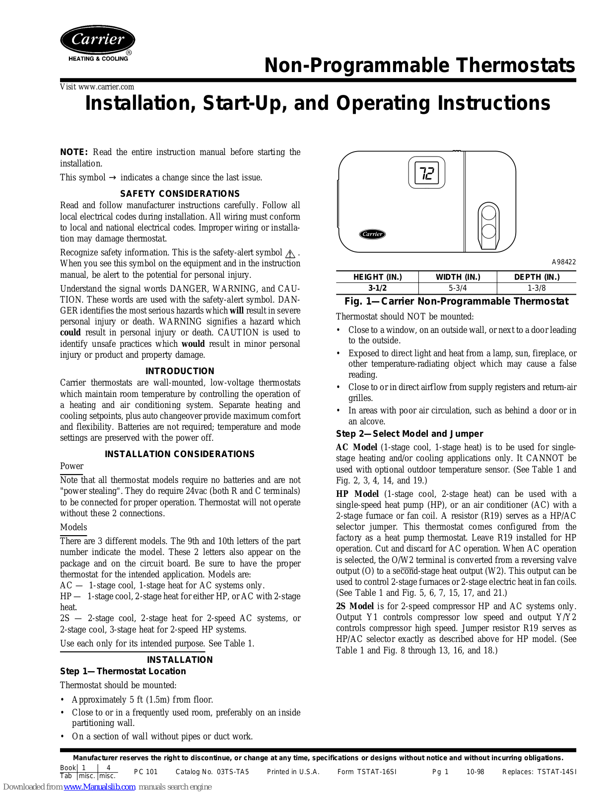 Carrier Non-Programmable Thermostats, TSTATCCNAC01-B, TSTATCCNHP01-B, TSTATCCN2S01-B, AC01-B Installation, Start-up, And Operating Instructions Manual