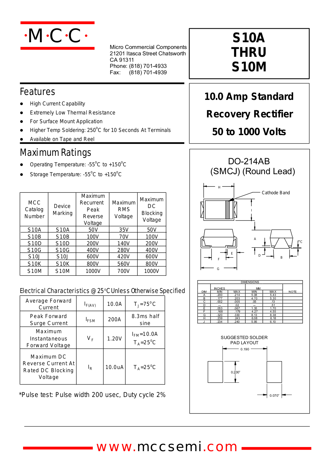 MCC S10A, S10B, S10D, S10G, S10J Datasheet