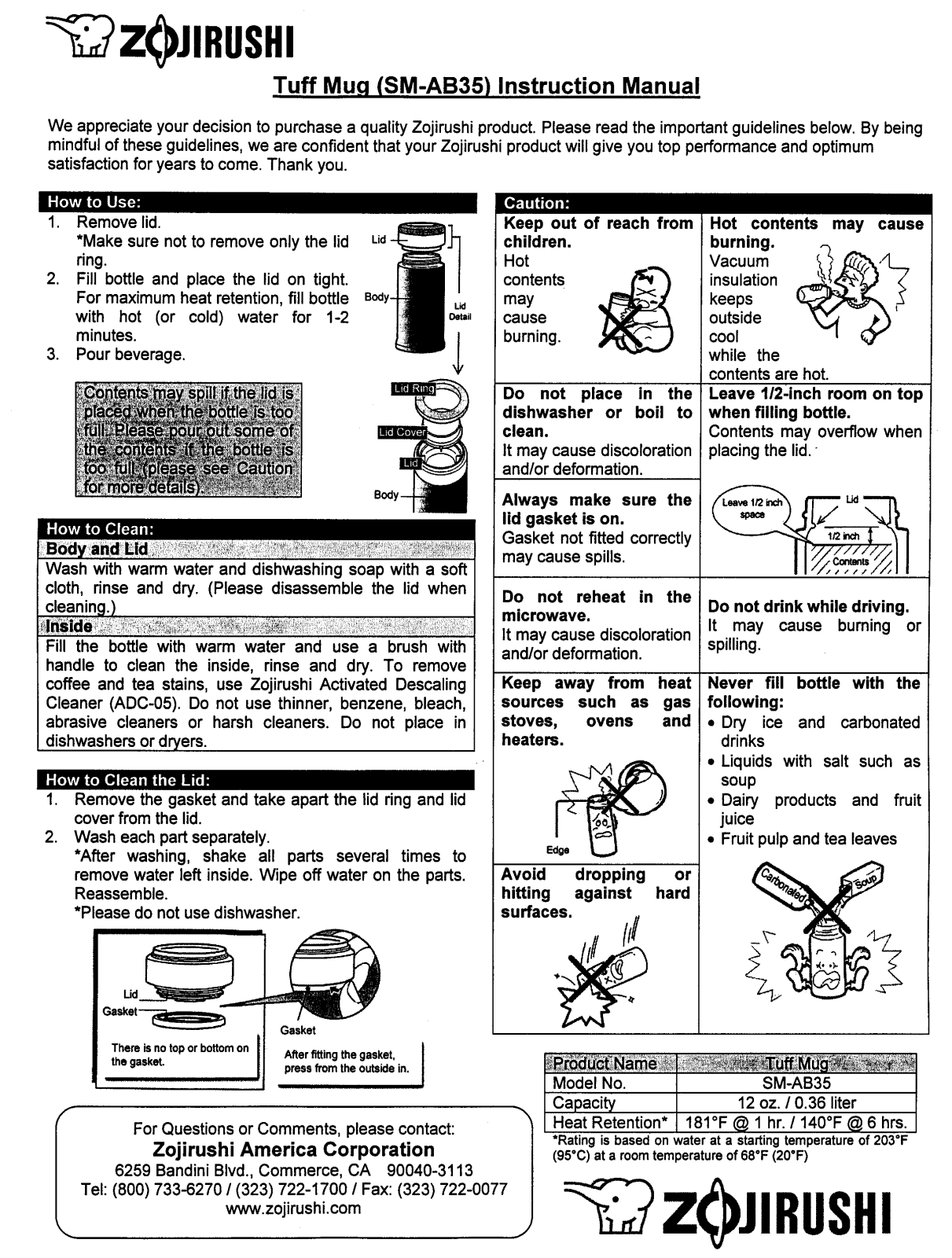 Zojirushi SM-AB35 user manual