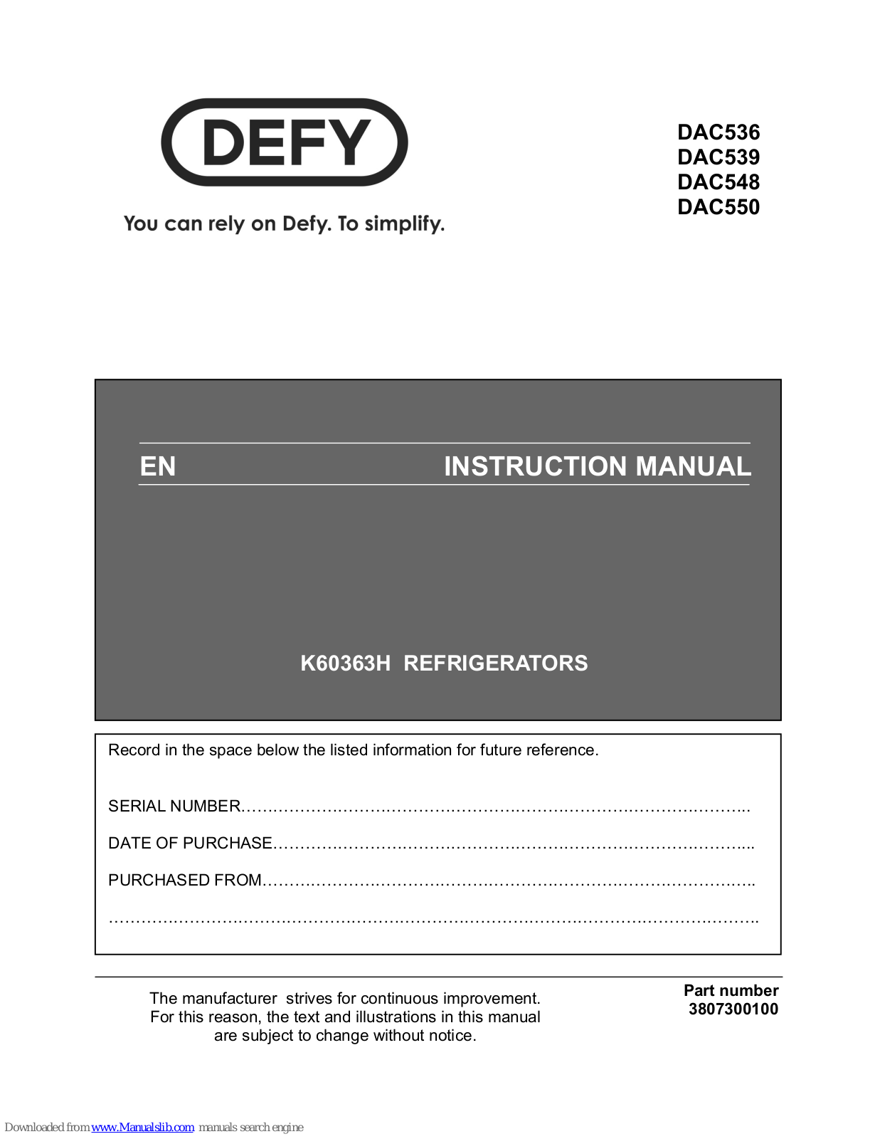 Defy DAC548, DAC550, DAC539 Instruction Manual