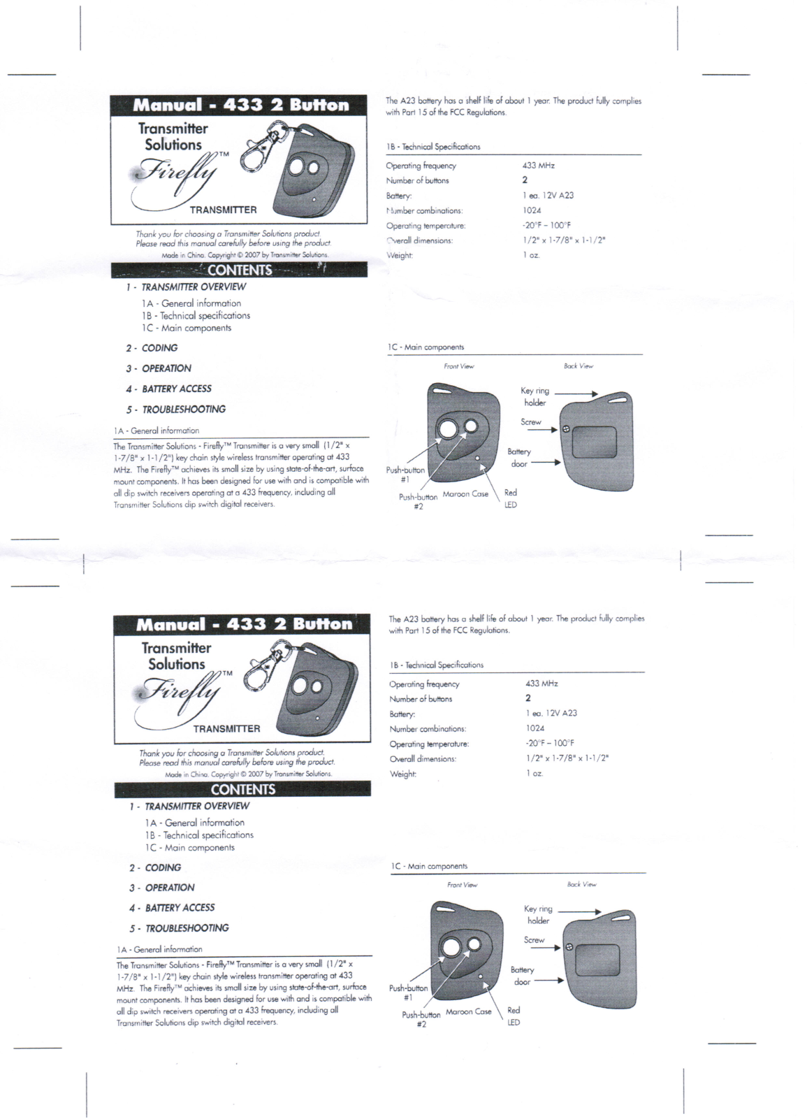Controlled Entry Distributors 433TSD22K Users Manual