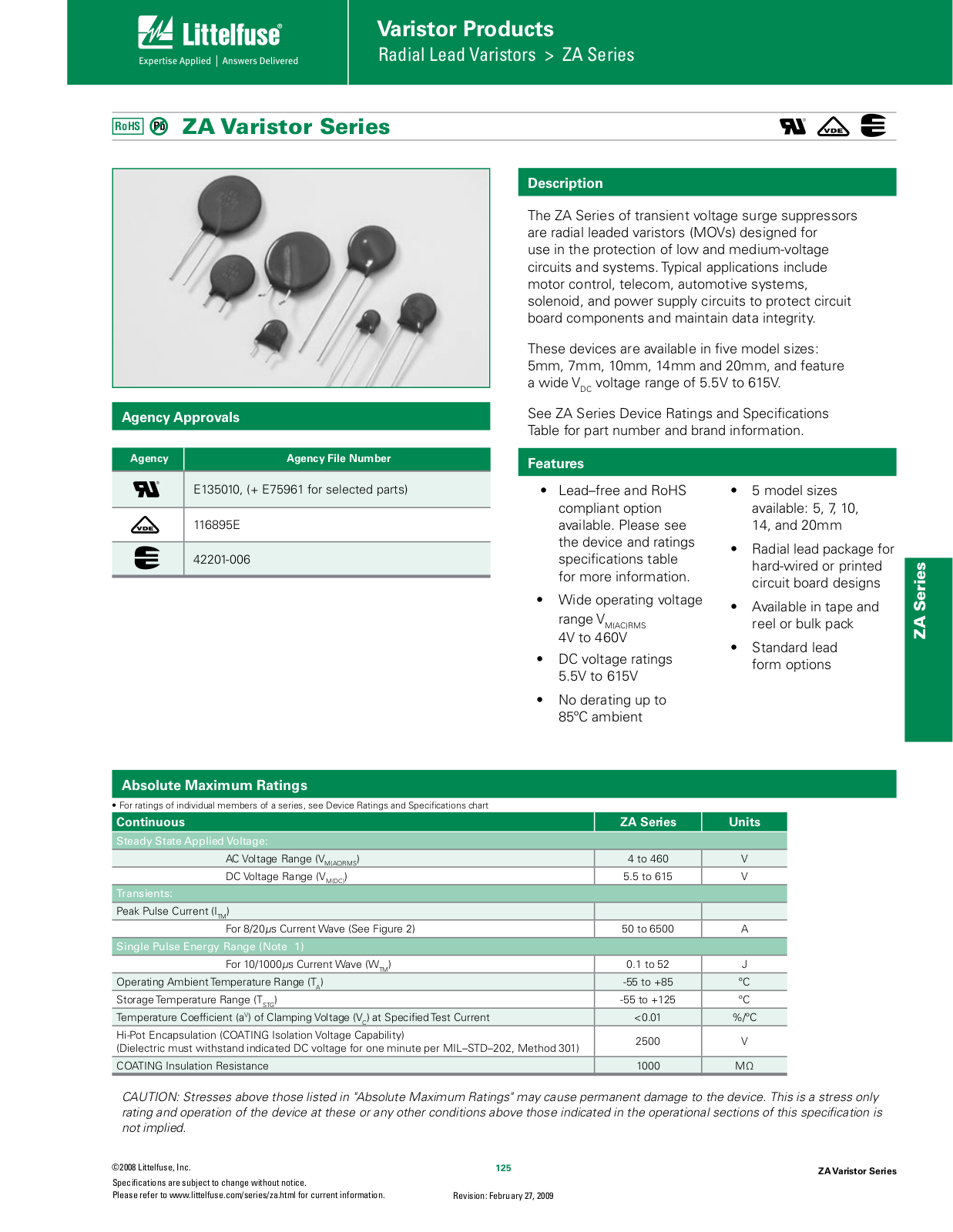 Harris ZA Varistor Series Catalog Page