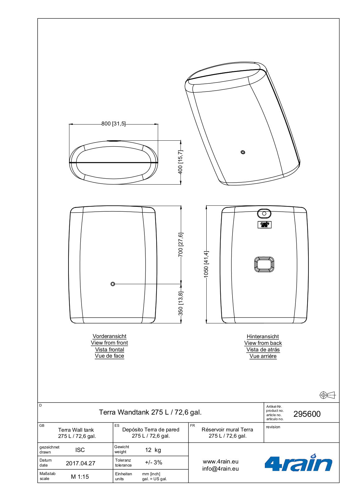 4rain Terra Wandtank 275 L Service Manual