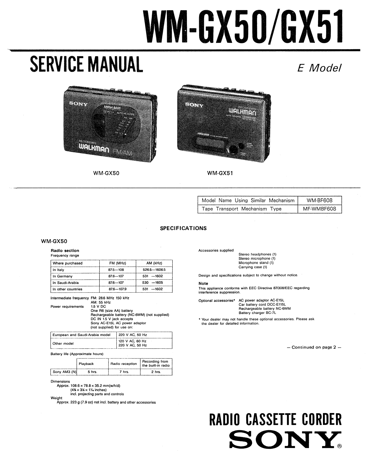 Sony WMGX-51 Service manual