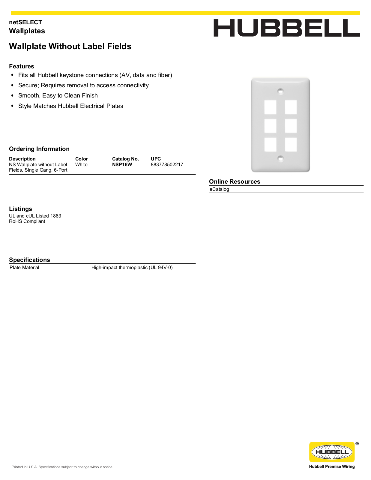 Hubbell NSP16W Specifications