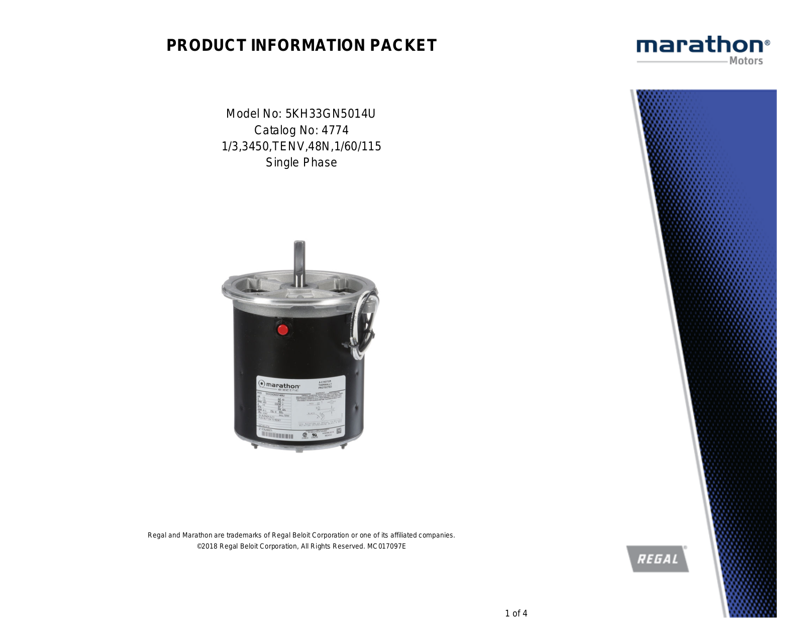 Marathon Electric 5KH33GN5014U Product Information Packet