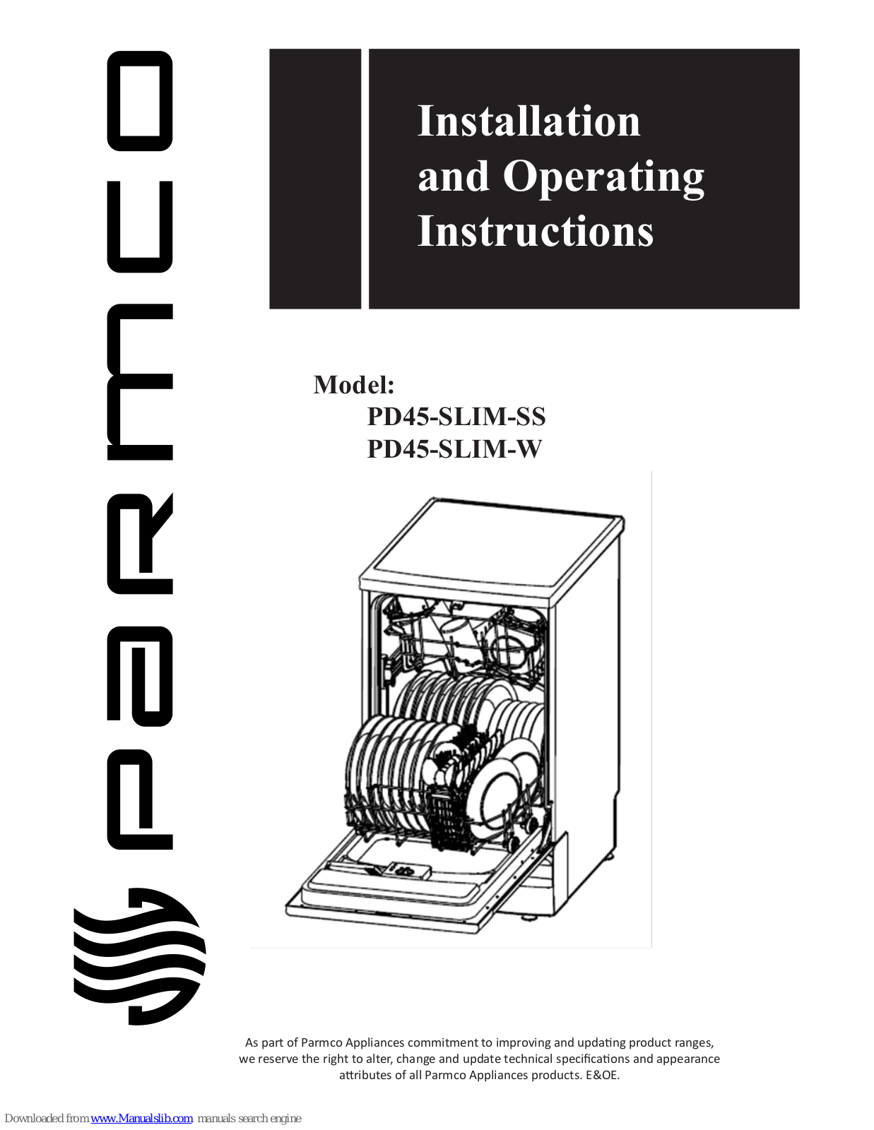 Parmco PD45-SLIM-SS, PD45-SLIM-W Installation And Operating Instructions Manual