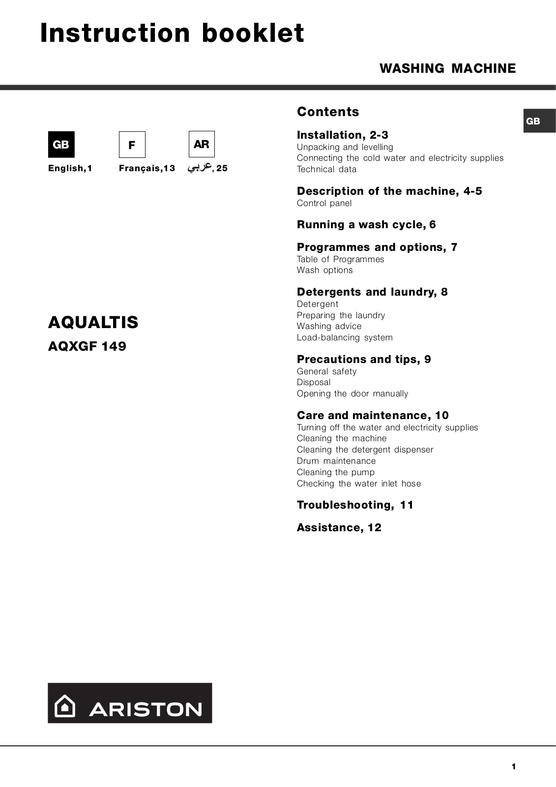 HOTPOINT AQXGF149 User Manual