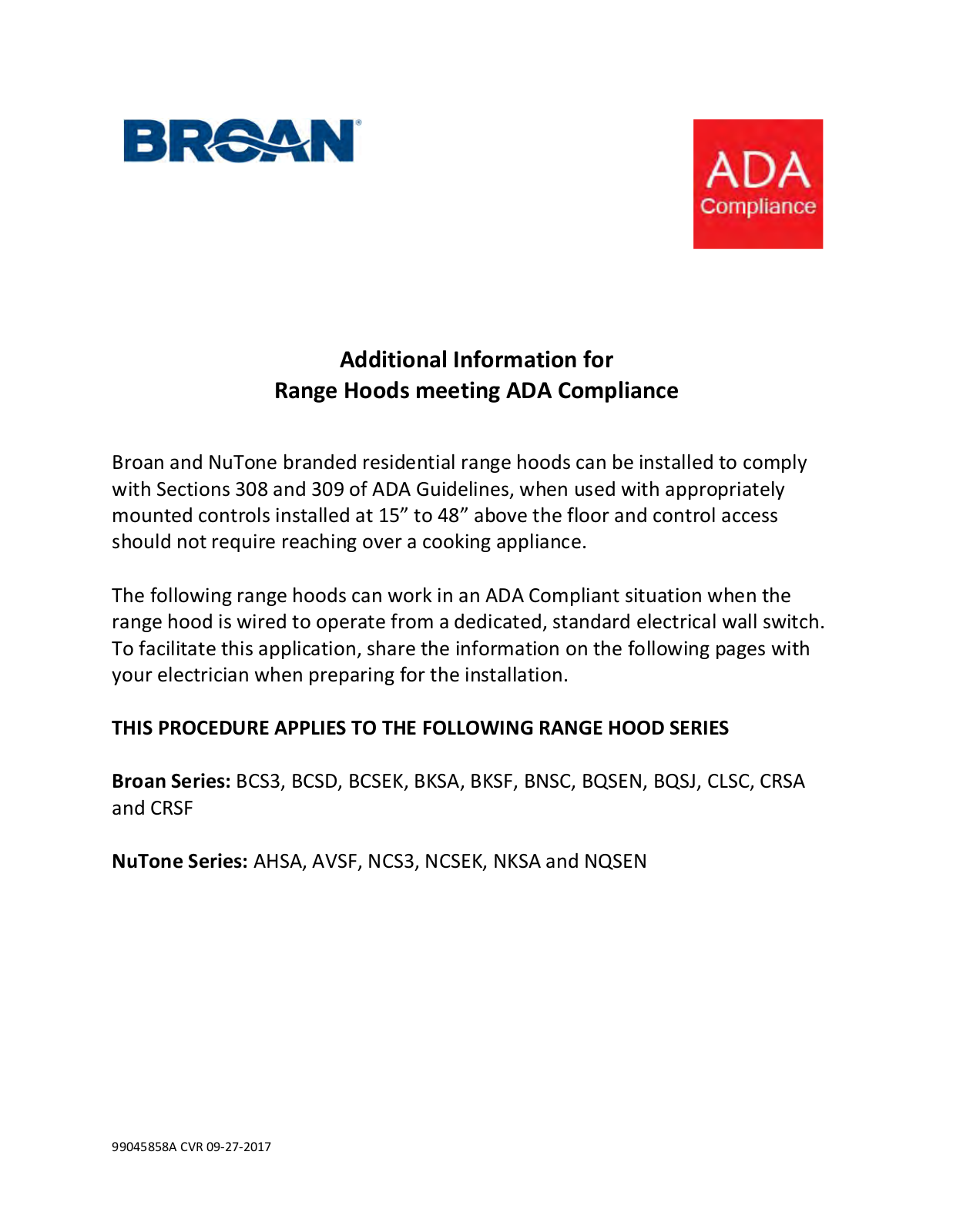 Broan BCSEK130BL, BKSA130SS User Manual