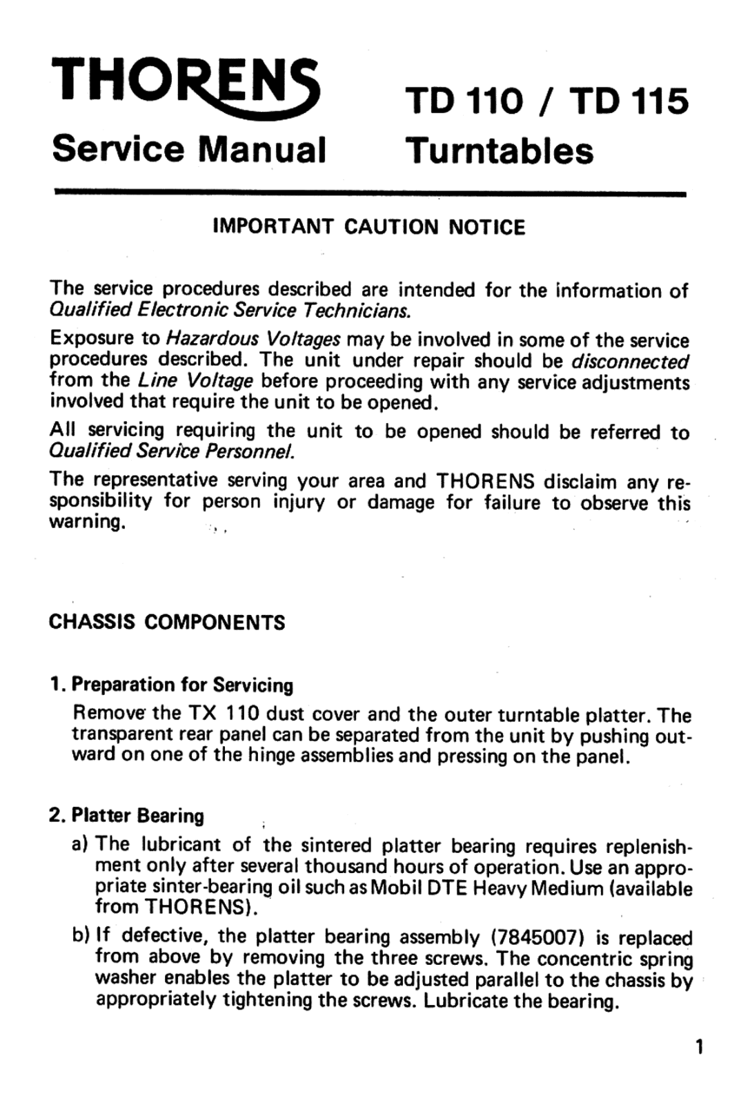 Thorens TD-110 Service Manual