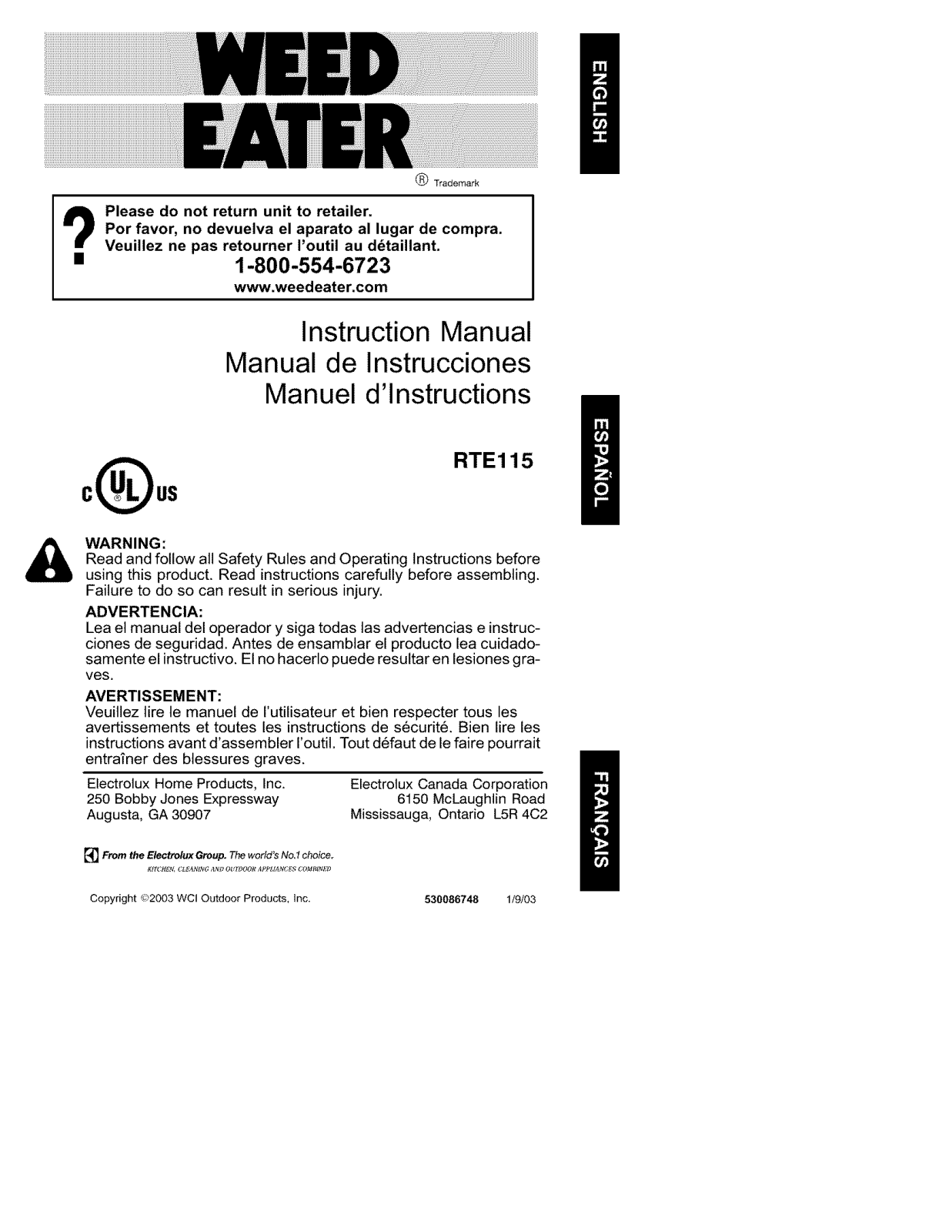 Weed Eater RTE115 Instruction Manual