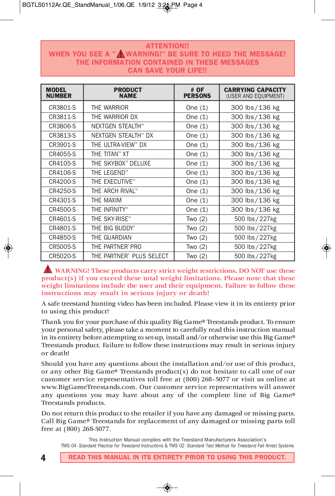 Big Game Treestands CR3813-S, CR4055-S, CR4250-S, CR3811-S, CR4601-S User Manual