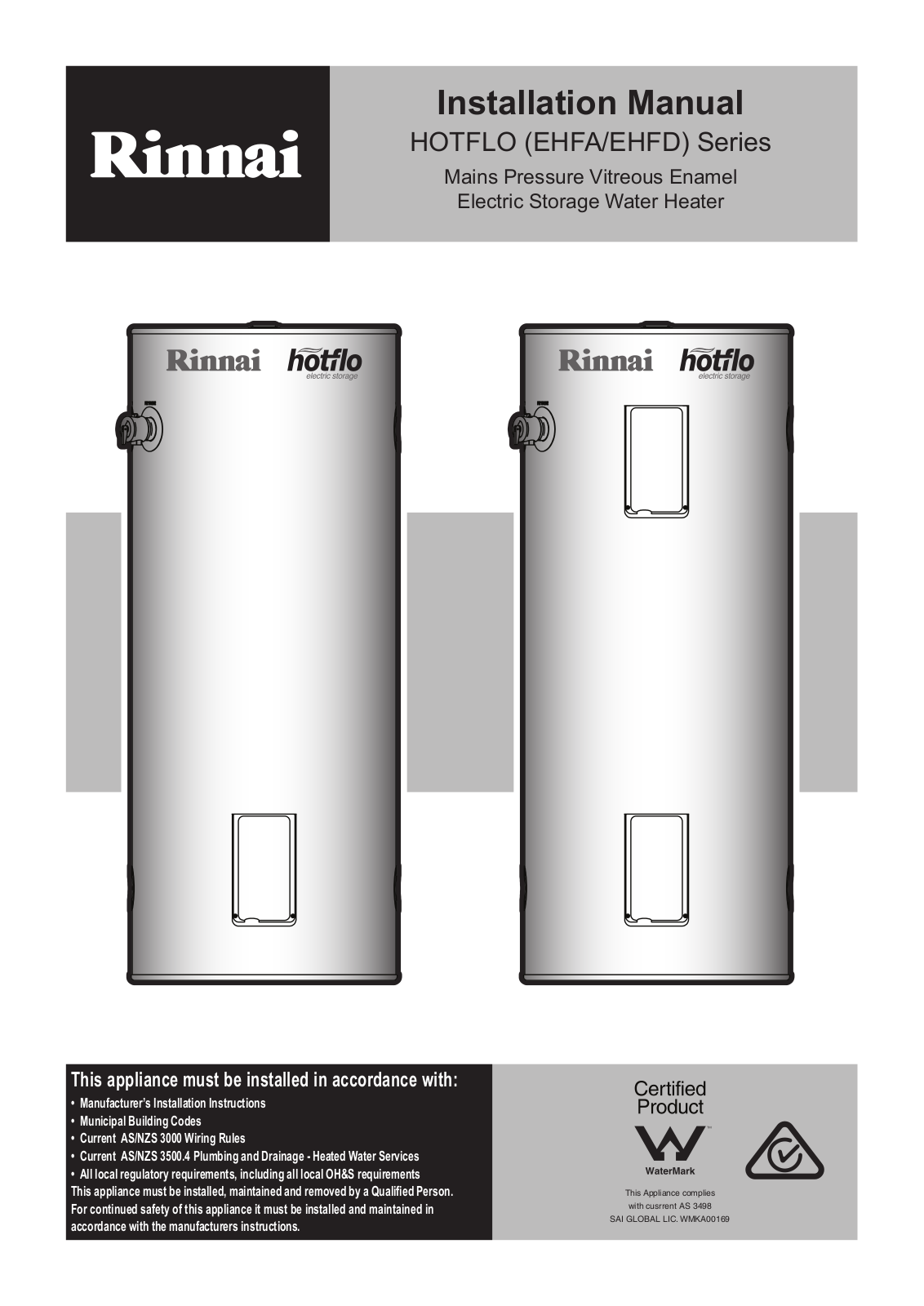 Rinnai EHFA250S36, EHFA315S48H, EHFA315S48 User Manual