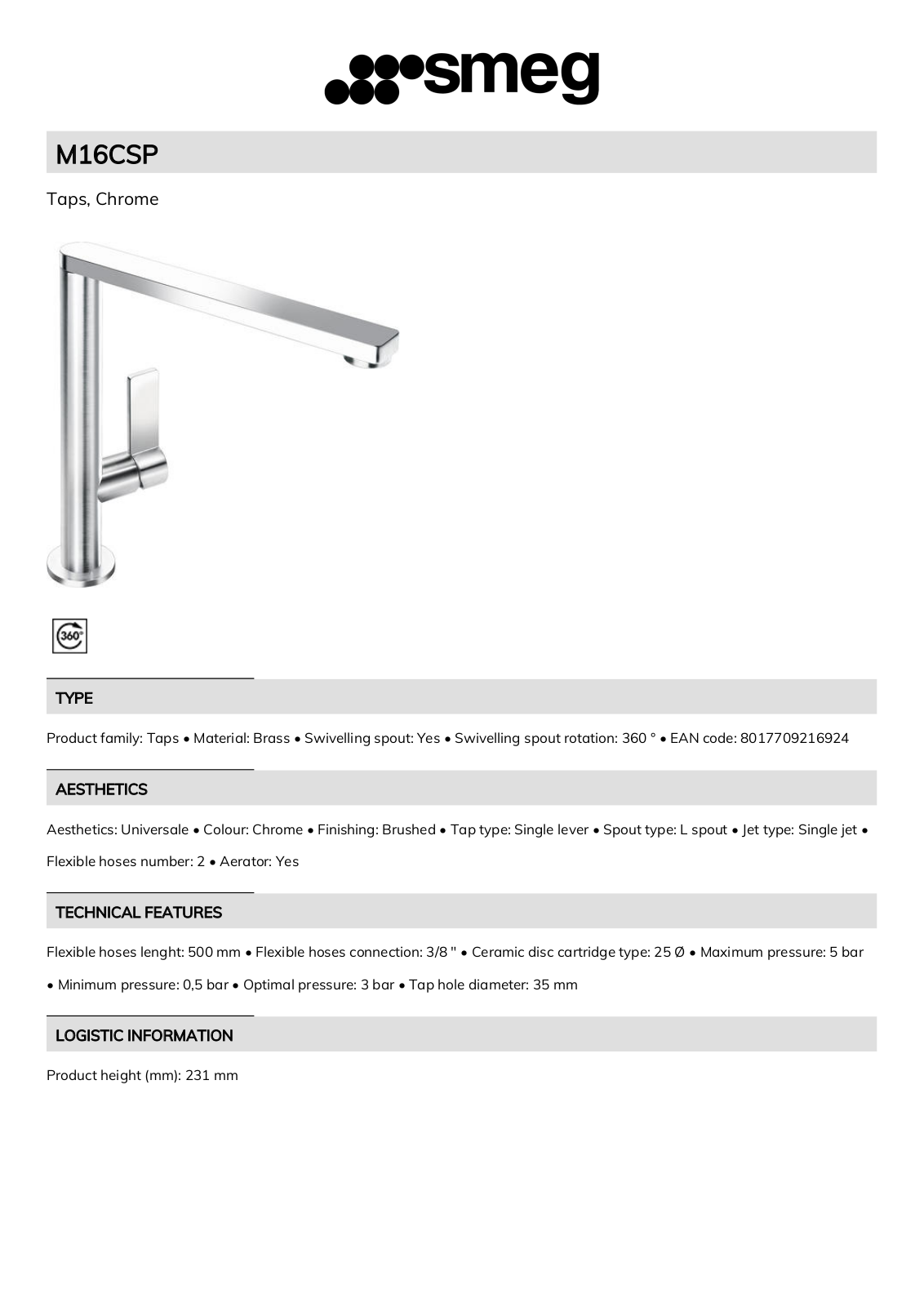 Smeg M16CSP Technical sheet