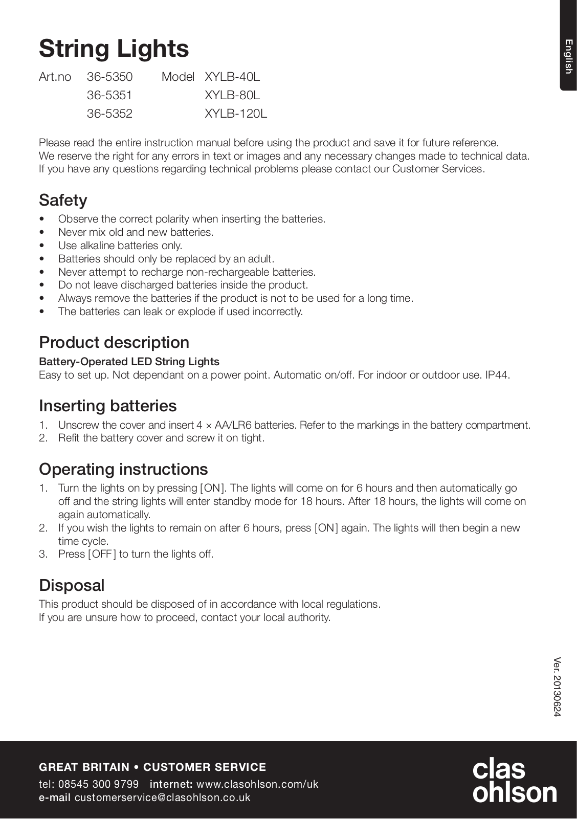 Clas Ohlson XYLB-80L, XYLB-40L, XYLB-120L Instruction Manual