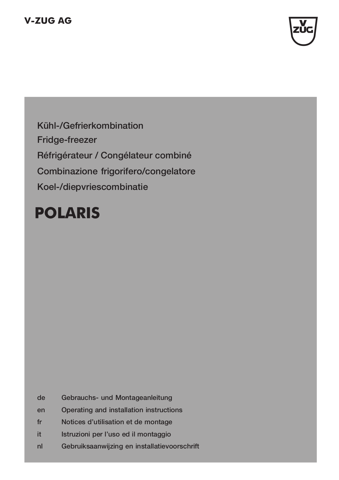 V-Zug Polaris, Polaris S Operating Instructions