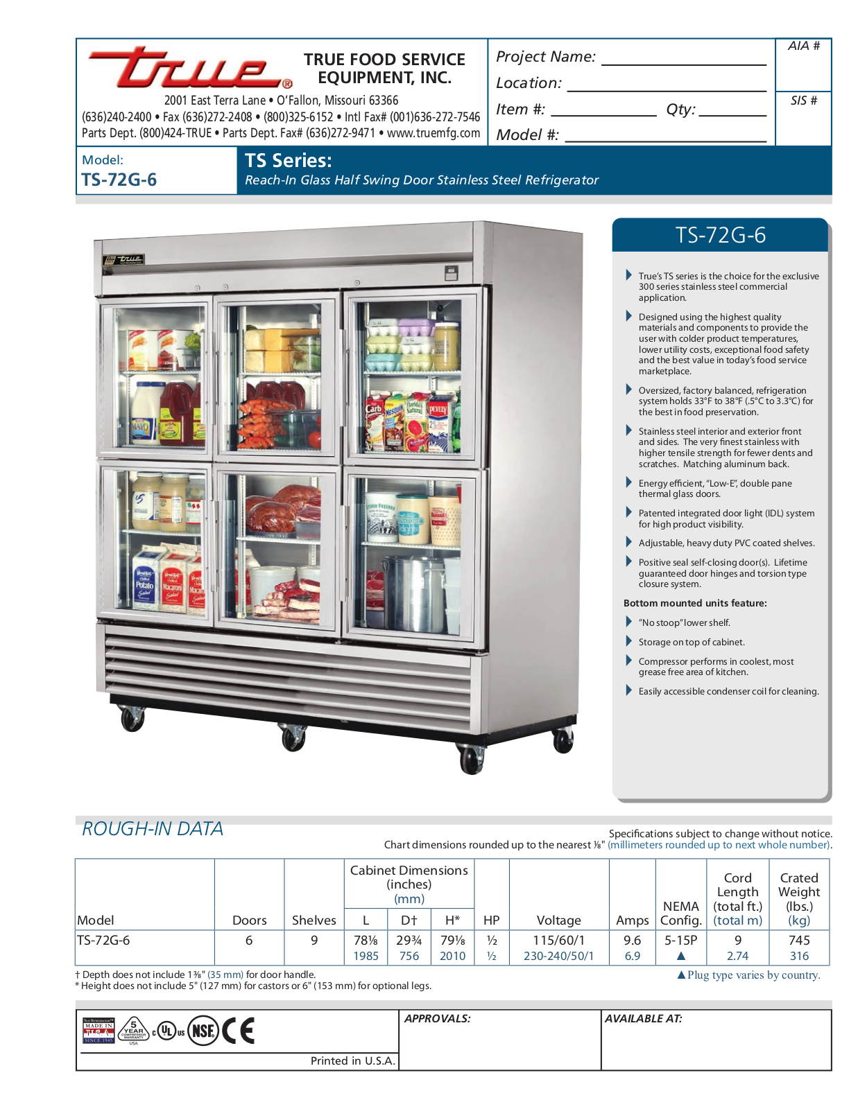 True TS-72G-6 Specifications