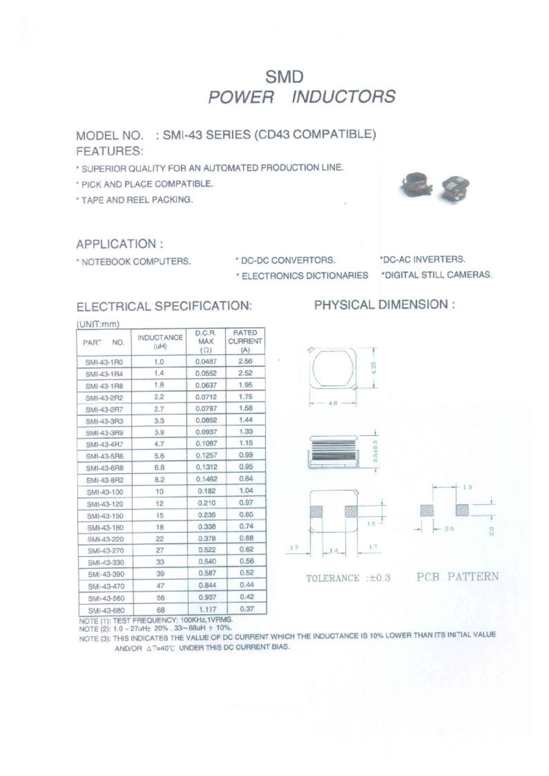 MICRO SMI-43-100, SMI-43-150, SMI-43-180, SMI-43-1R0, SMI-43-470 Datasheet