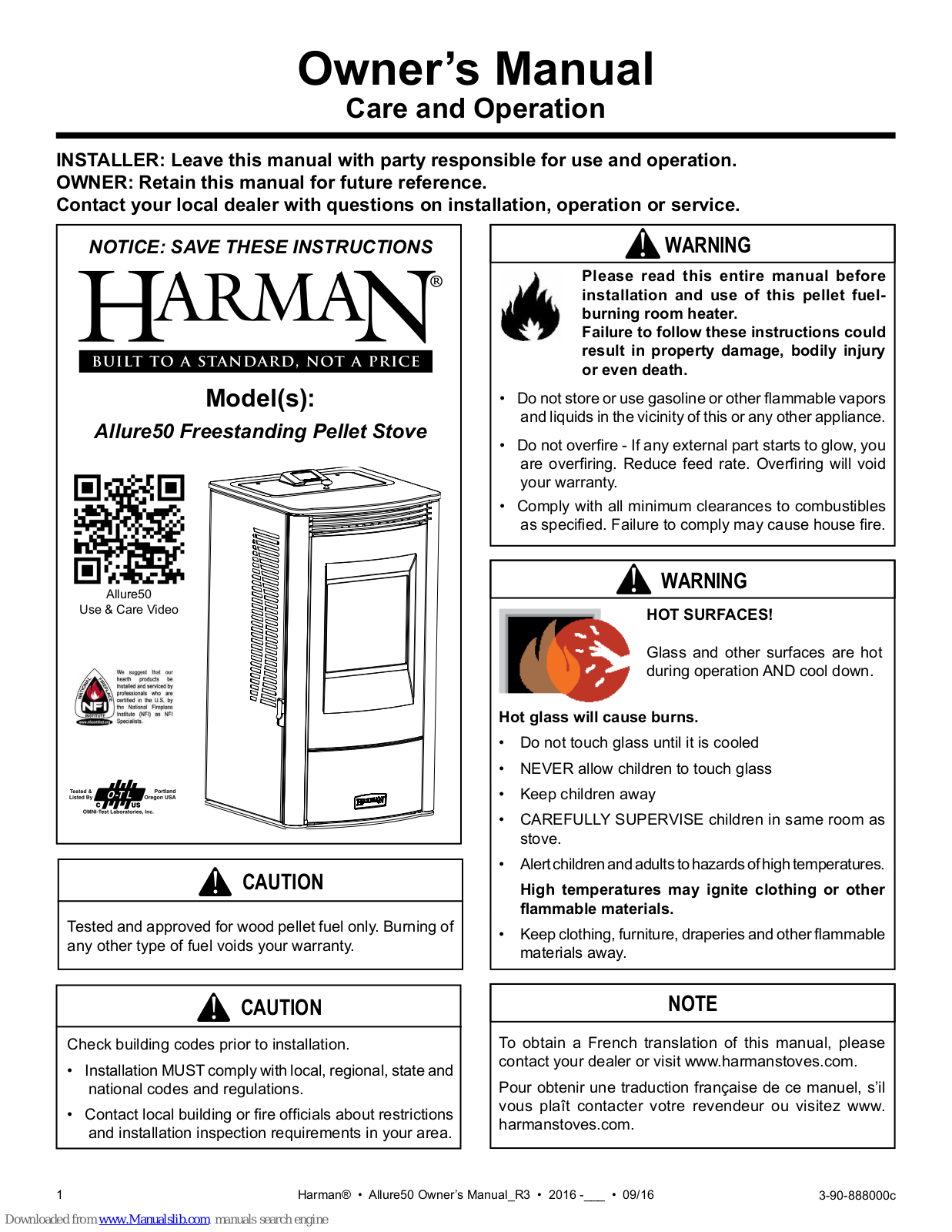 Harman Allure50 Freestanding Pellet Stove Owner's Manual