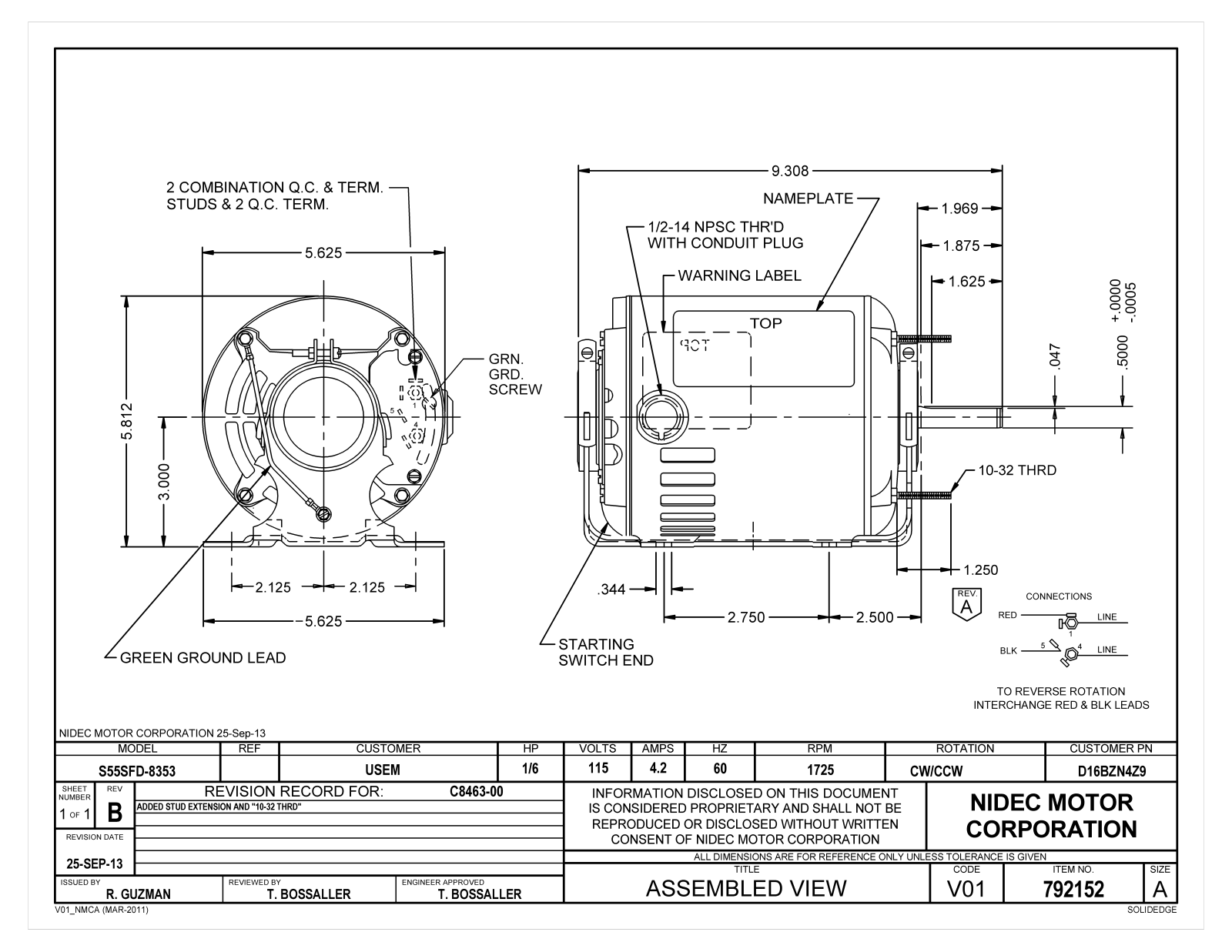 US Motors D16B2N4Z9 Dimensional Sheet