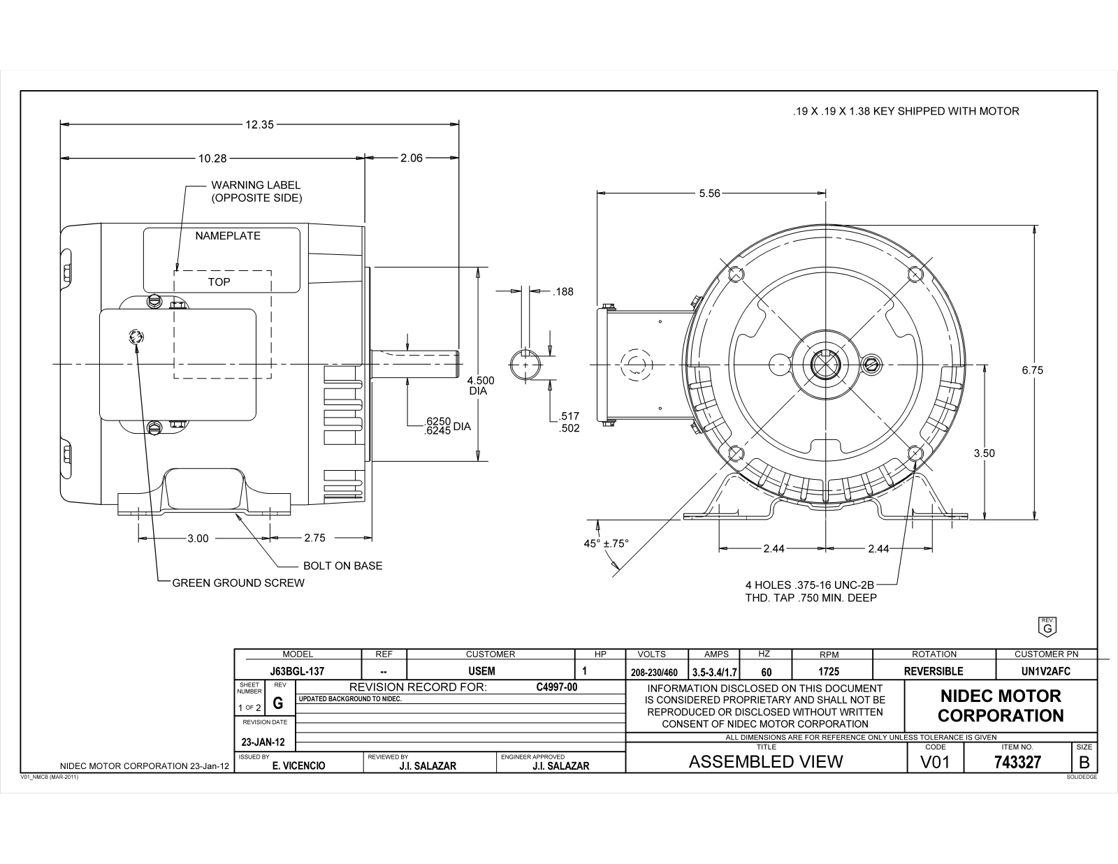 US Motors UN1V2AFC Dimensional Sheet