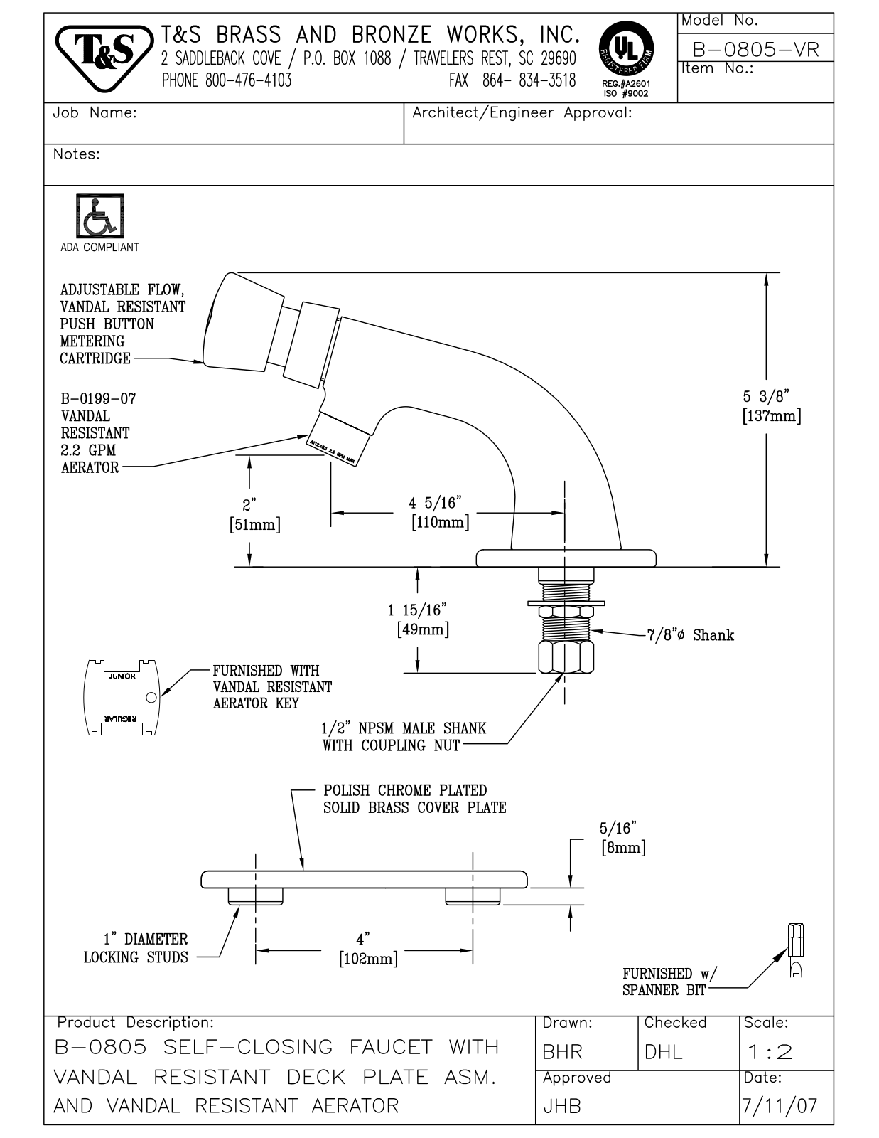 T & S Brass & Bronze Works B-0805-VR General Manual