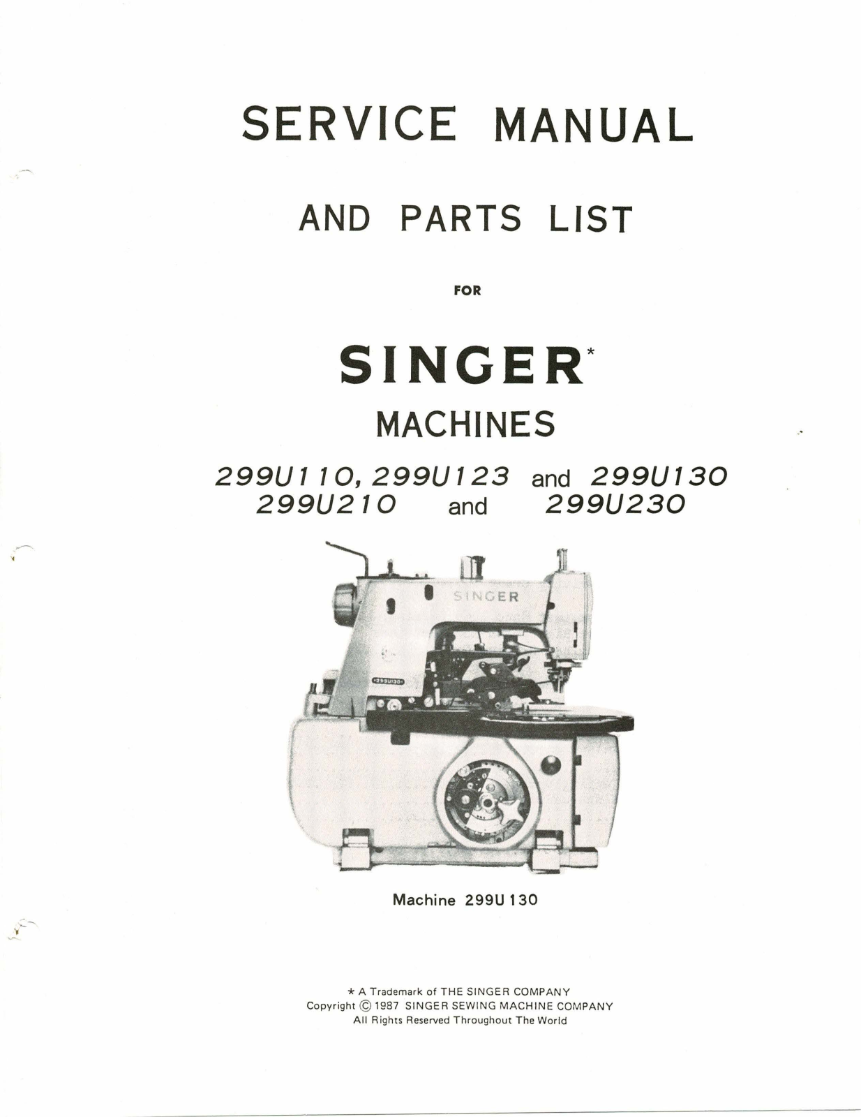 Singer 299U110, 299U123, 299U130, 299U210, 299U230 Service Manual