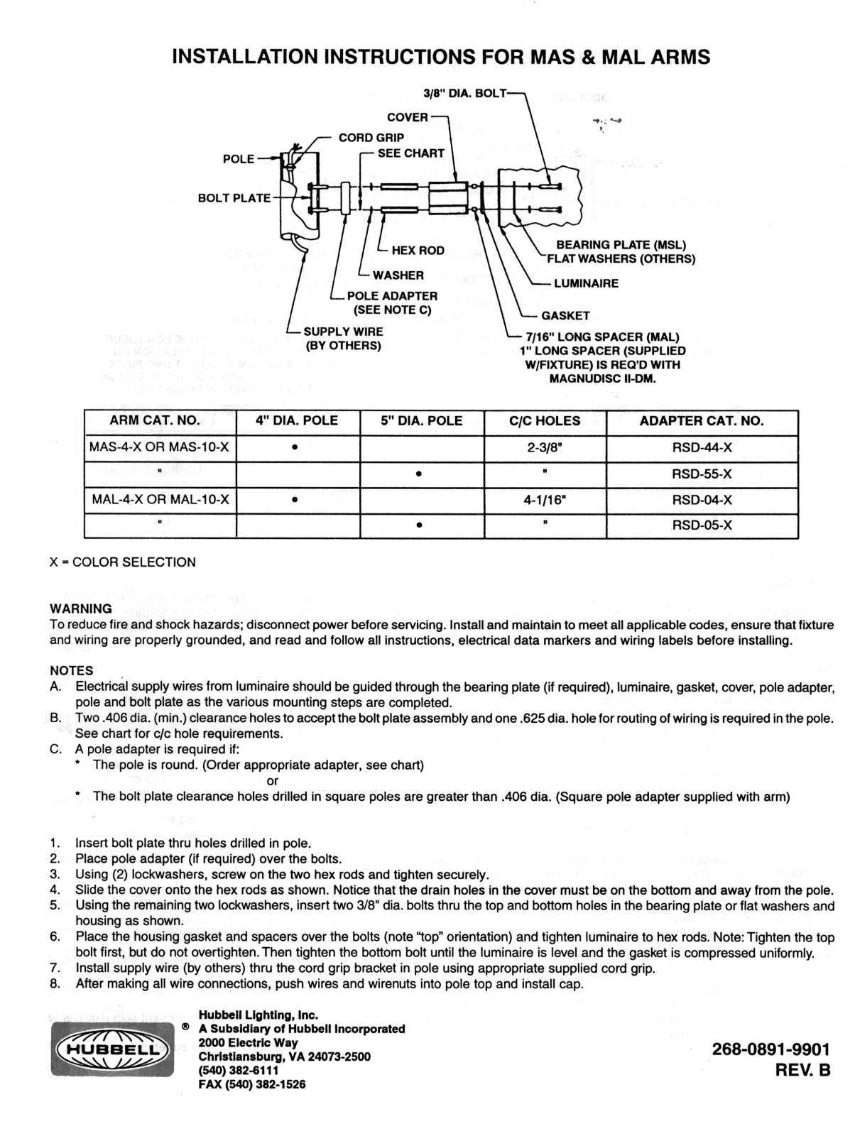 Hubbell lighting MAL ARMS, MAS ARMS User Manual