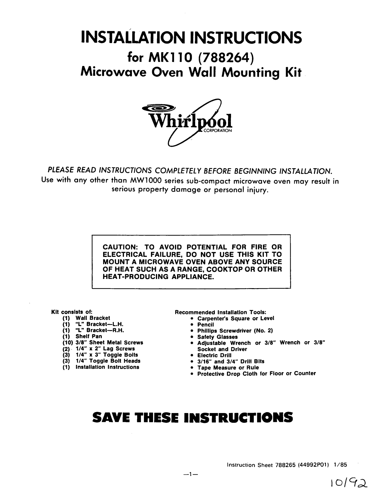 Whirlpool MK110 Installation Insrtuctions - ManualMachine.com