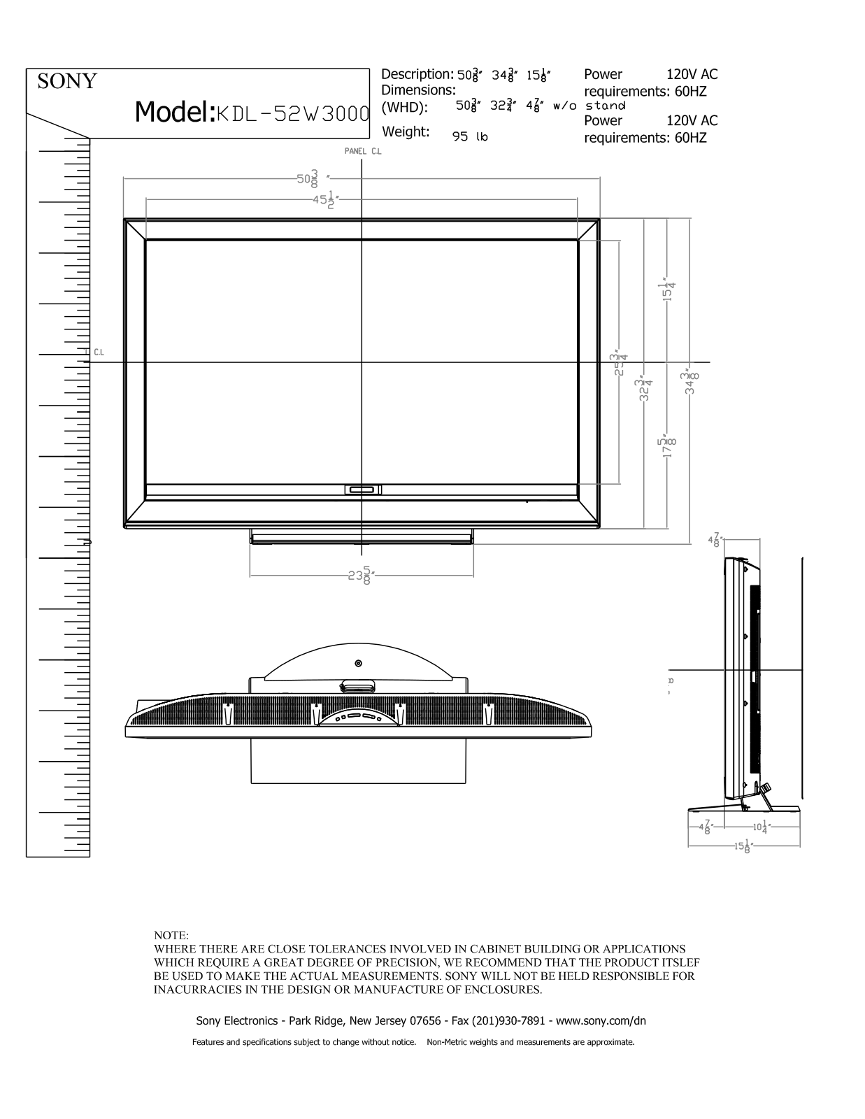 Sony KDL-52W3000 Dimensions Diagram