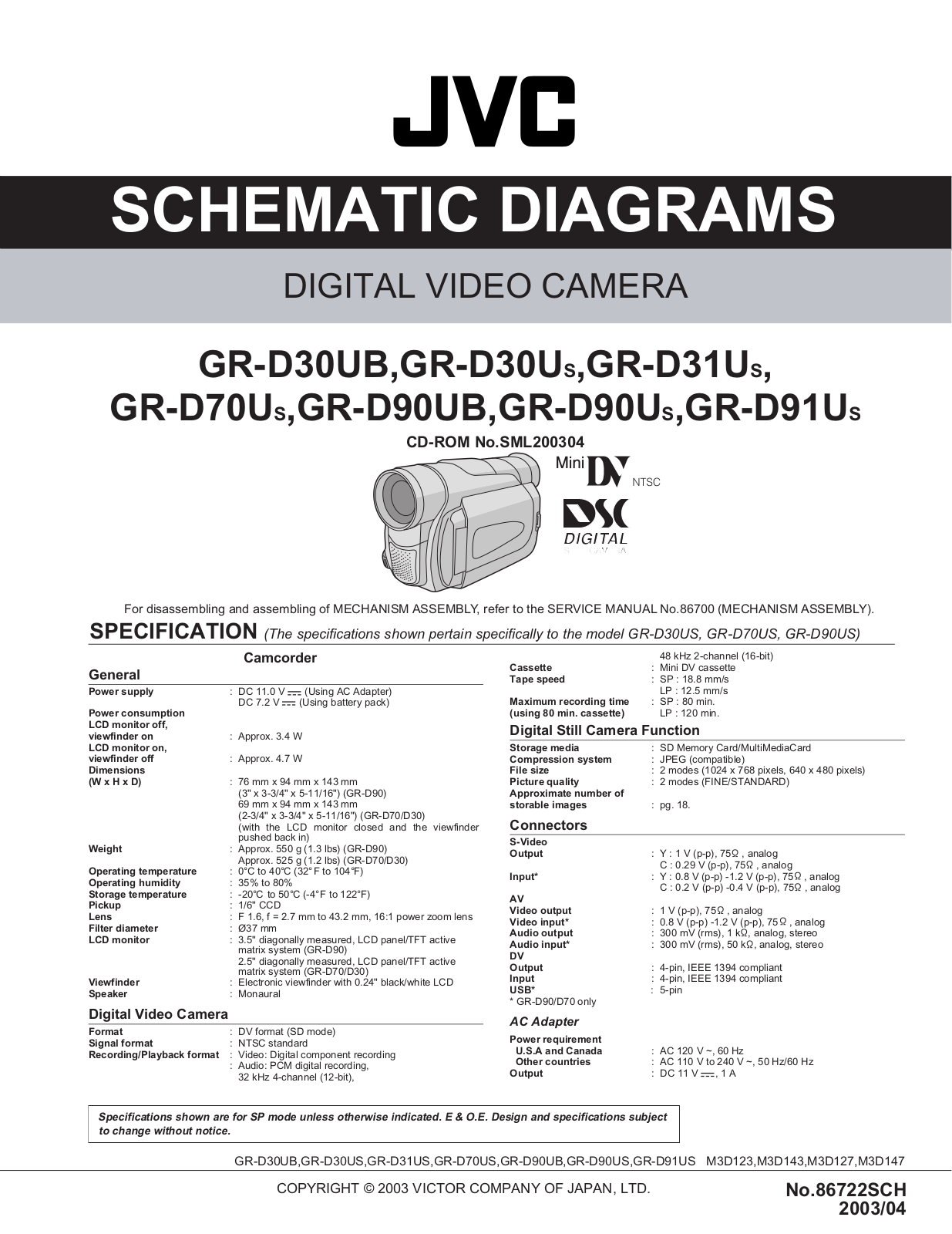 JVC GR-D30UB, GR-D30US, GR-D31US, GR-D70US, GR-D90UB Schematics