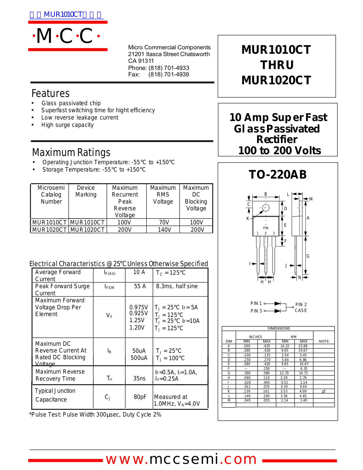 Micro Commercial Components MUR1010CT, MUR1020CT Technical data