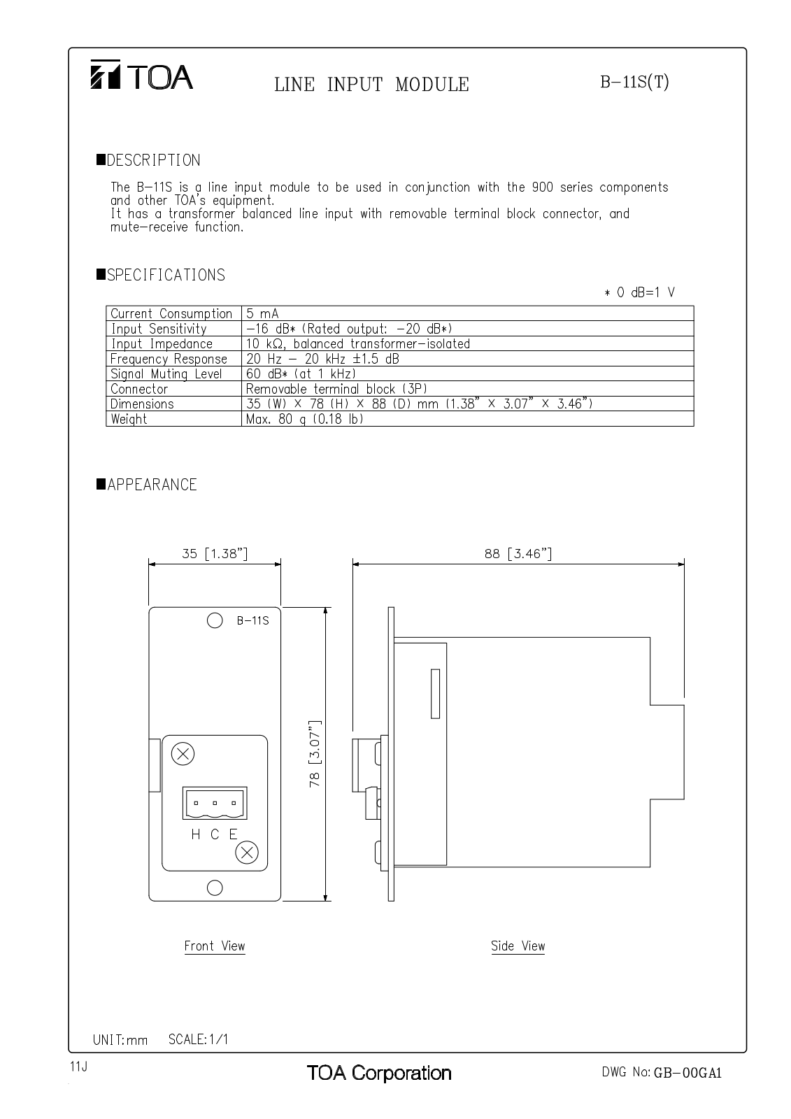 TOA B-11S T User Manual